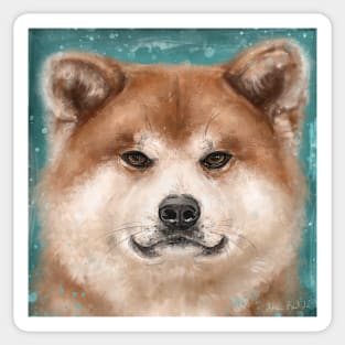 Painting of an Adorable Japanese Akita Dog on Green Background Sticker